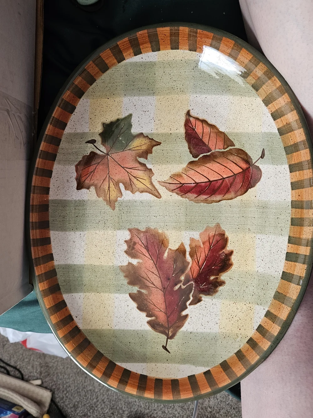 Decorative Autumn Leaf Ceramic Serving Platter - Green and Tan
